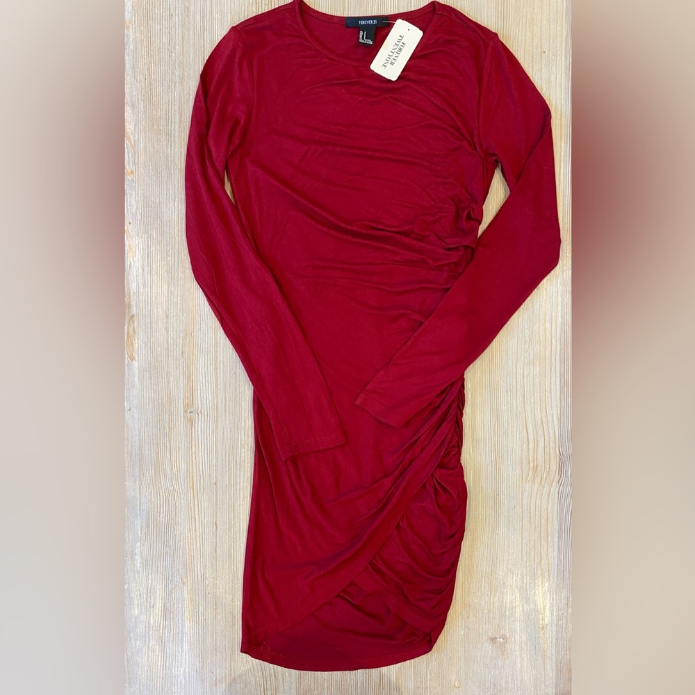 Forever 21 Ruched Long Sleeve Dress - Dark Red